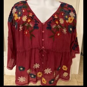 Johnny Was M Embroidered Flowers Edith Blouse Top Rumba Burgundy Cinched Buttons